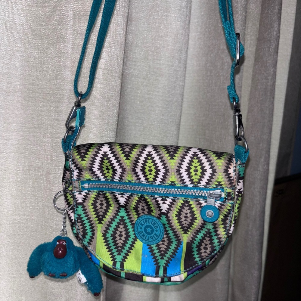 Kipling Crossbody Bag Teal Green Pattern Zip Adjustable Strap Monkey Charm